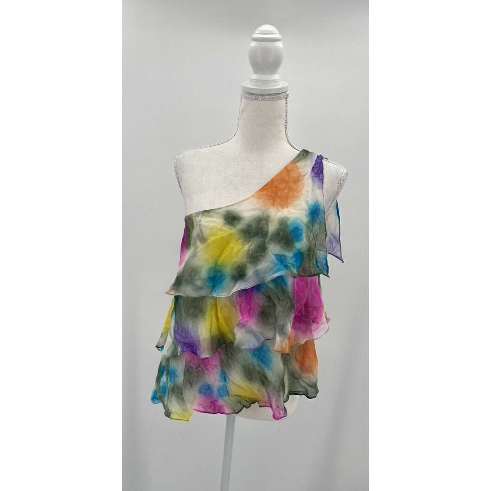 Lacey Parker Blouse Sz Small One Shoulder Silk Multicolor Ruffle Floral